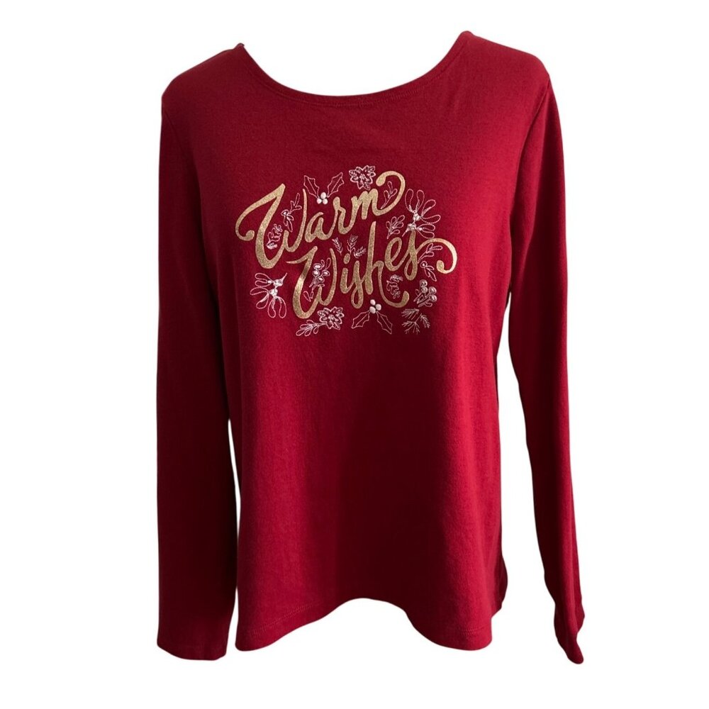 Croft & Barrow Red "Warm Wishes" Graphic Long-Sleeve Classic Tee M Holiday Shirt